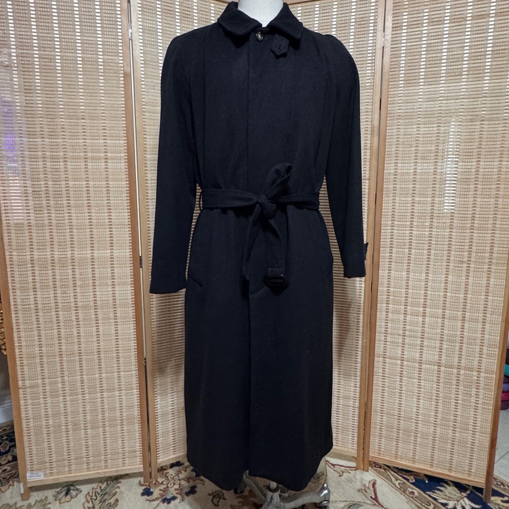 Lands End Mens Black Wool Cashmere Belted Trench Overcoat Jacket Large 42-44 Vtg